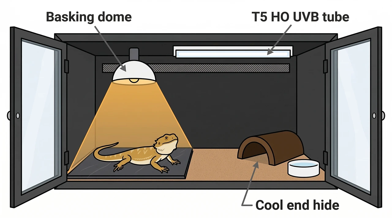 Labelled illustration of a 4x2x2 PVC enclosure showing basking dome, UVB tube, and cool end hide.