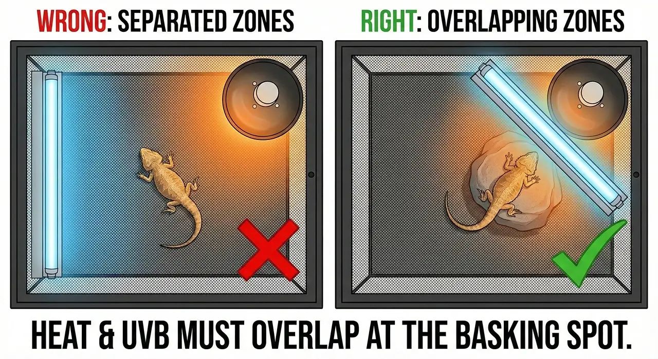 Top-down diagram comparing incorrect separated lighting zones versus correct overlapping heat lamp and linear UVB tube zones over a bearded dragon basking spot.