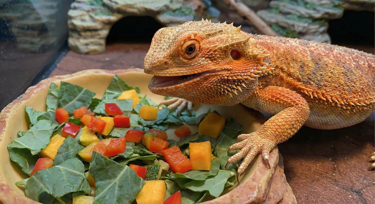 An adult bearded dragon eating a fresh salad bowl filled with chopped collard greens, diced red bell peppers, and butternut squash in a terrarium.