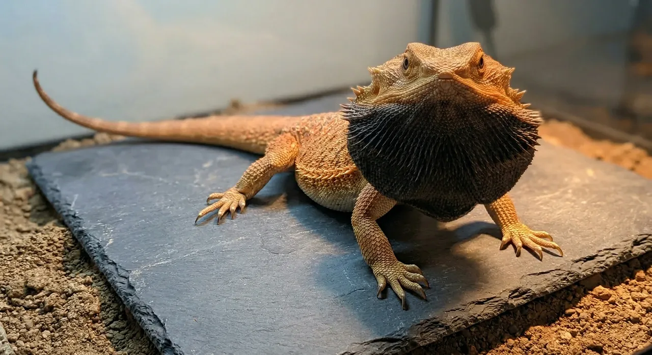 Adult male bearded dragon on slate tile with beard puffed wide and darkened near-black in full territorial display