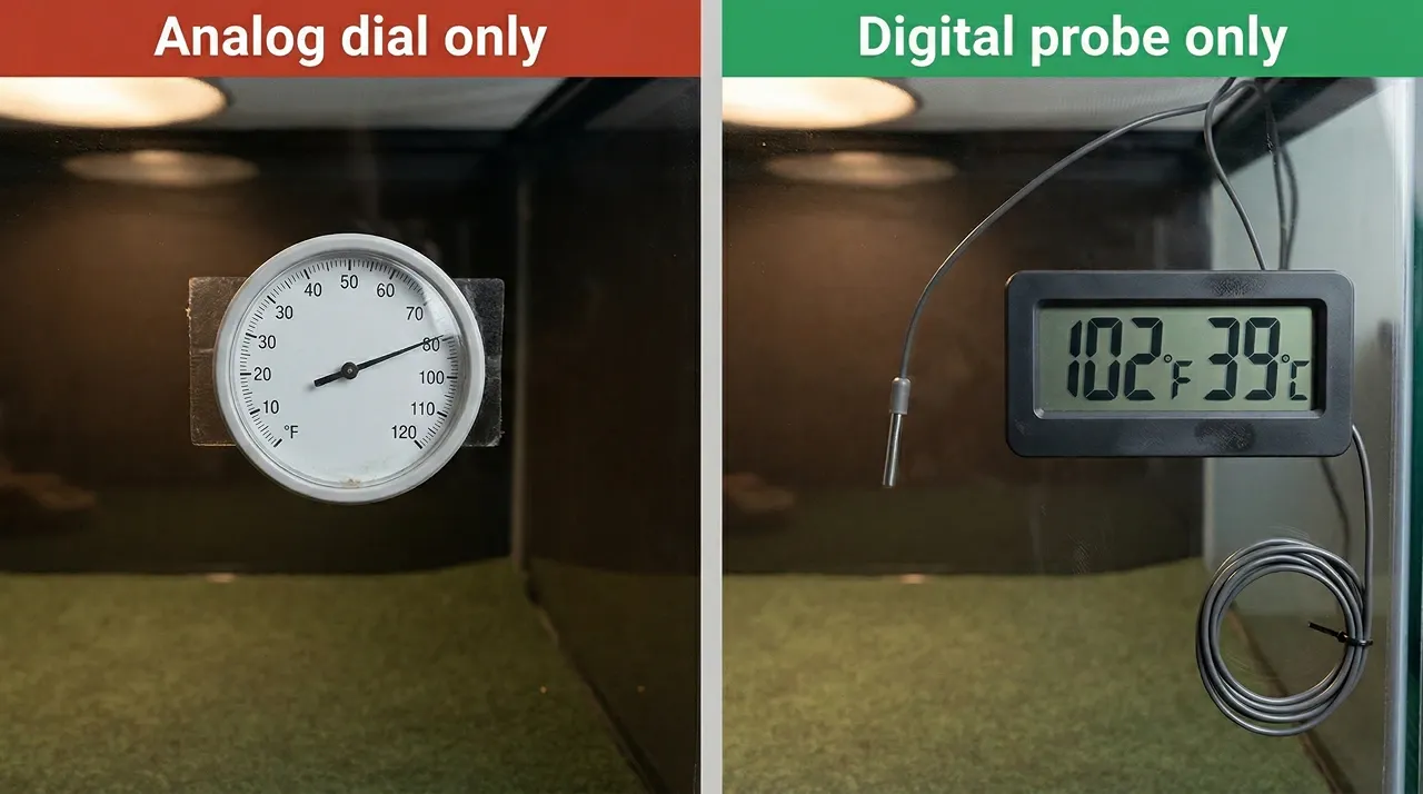 Analog dial thermometer reading 80°F beside a digital probe reading 102°F inside a bearded dragon enclosure