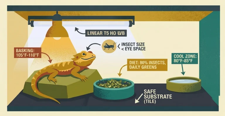 Illustrated baby bearded dragon enclosure showing basking dome and T5 HO UVB tube on the same side with labelled temperature zones and safe tile substrate