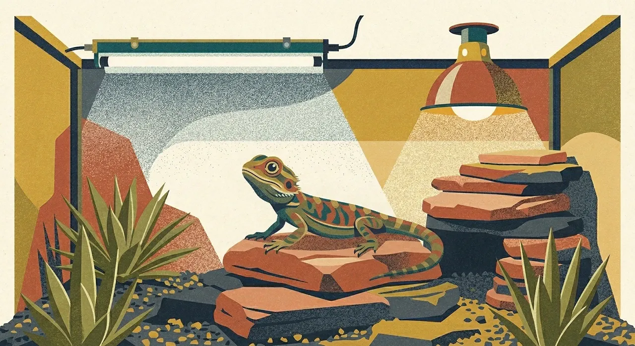 Stylized illustration of a baby bearded dragon sitting on a rock under a dedicated basking lamp and a linear T5 UVB tube inside a proper terrarium setup.