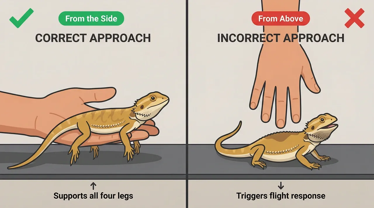 Correct vs incorrect bearded dragon handling: palm-up side approach versus overhead grab causing open-mouth stress response