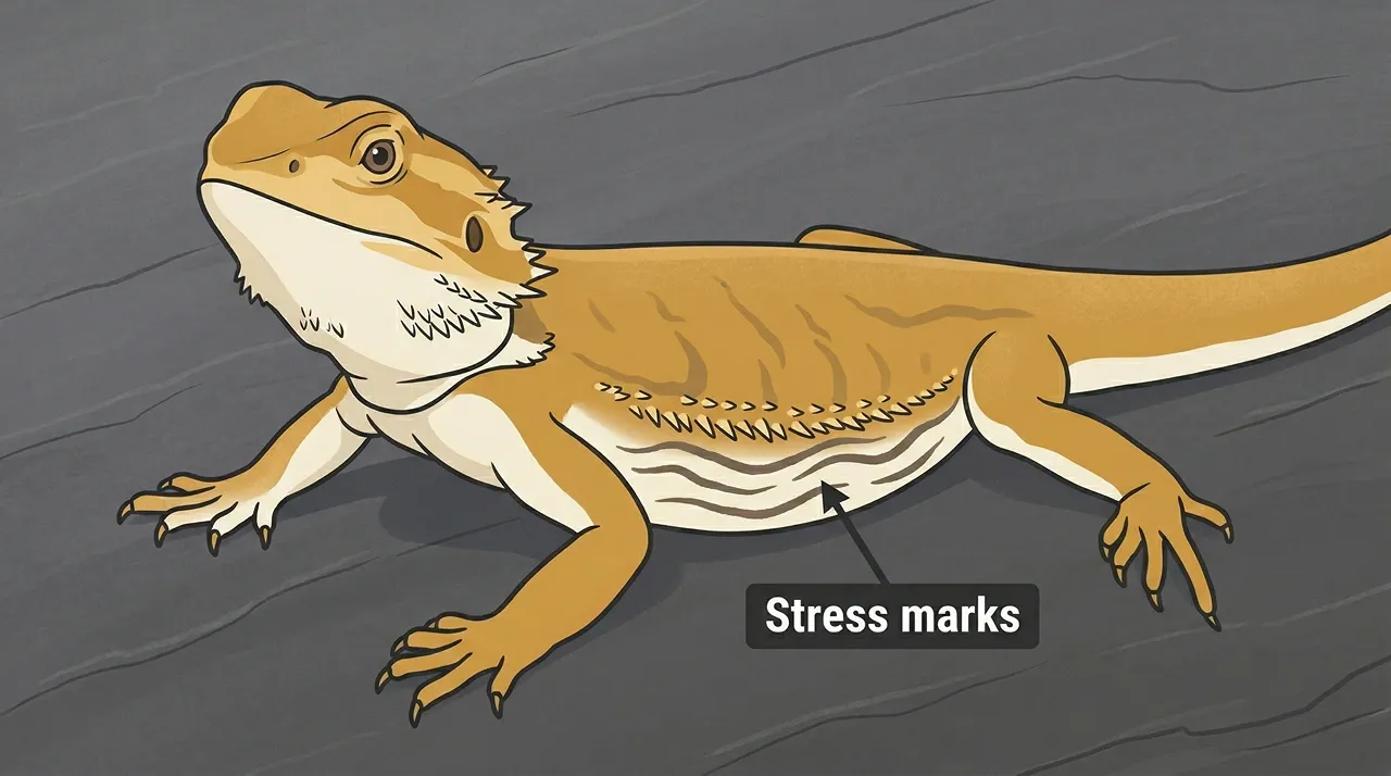 Illustrated baby bearded dragon on slate with arrow labelling dark wavy stress marks on the pale ventral belly surface