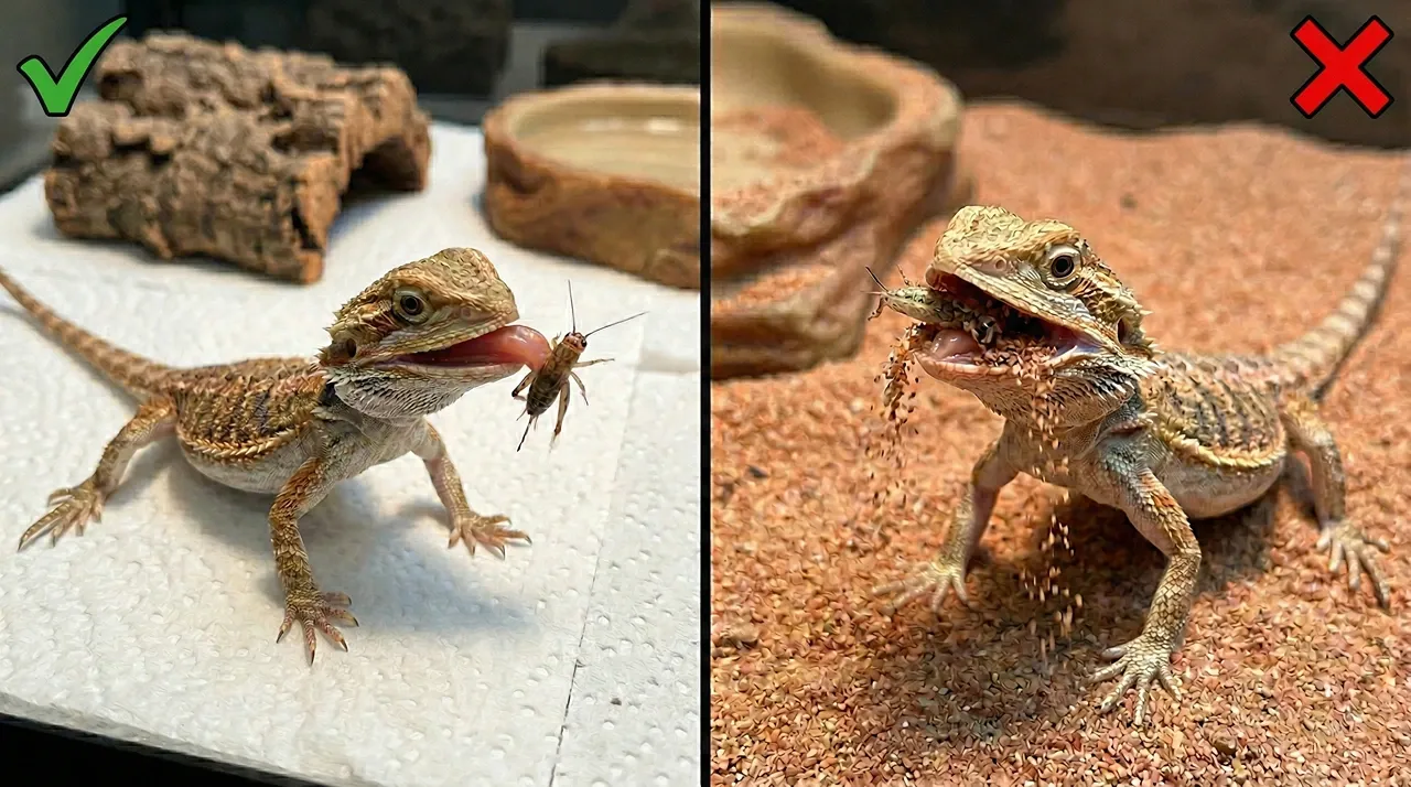Split-screen comparison showing a baby bearded dragon safely hunting on paper towels versus getting a mouthful of dangerous loose sand.