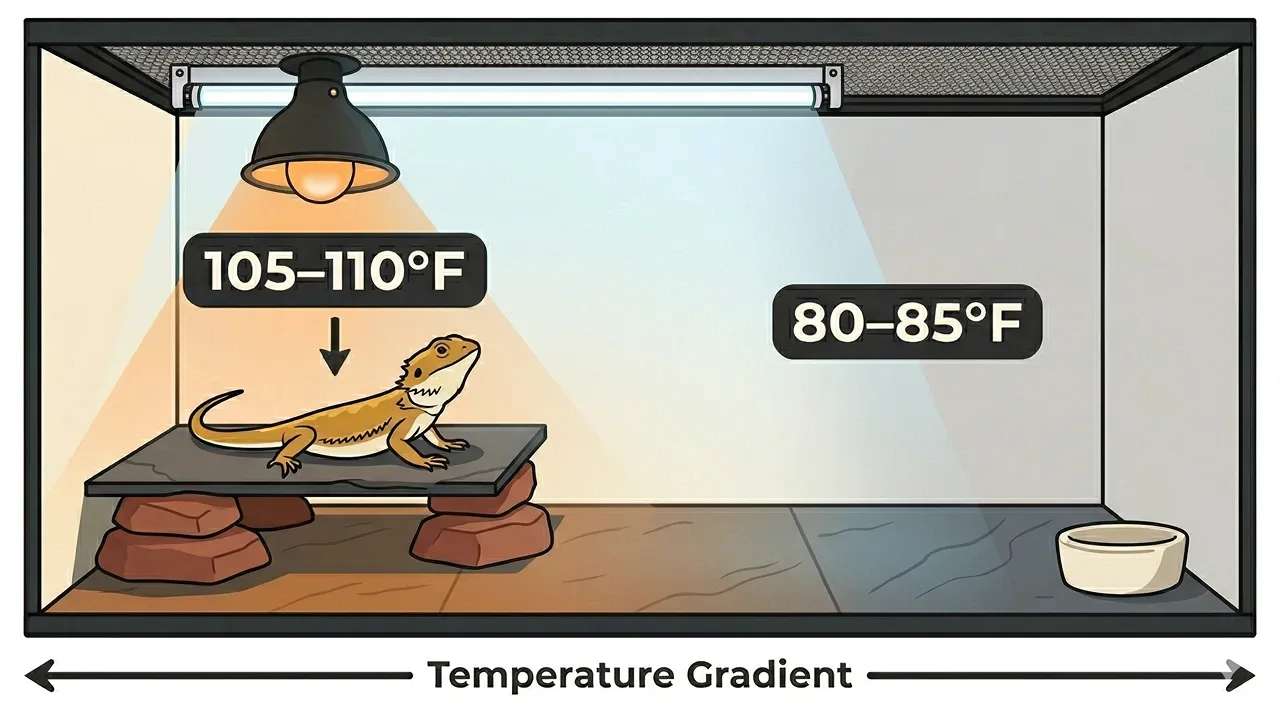 Illustrated bearded dragon enclosure with basking dome and UVB tube on left showing 105–110°F, cool side showing 80–85°F