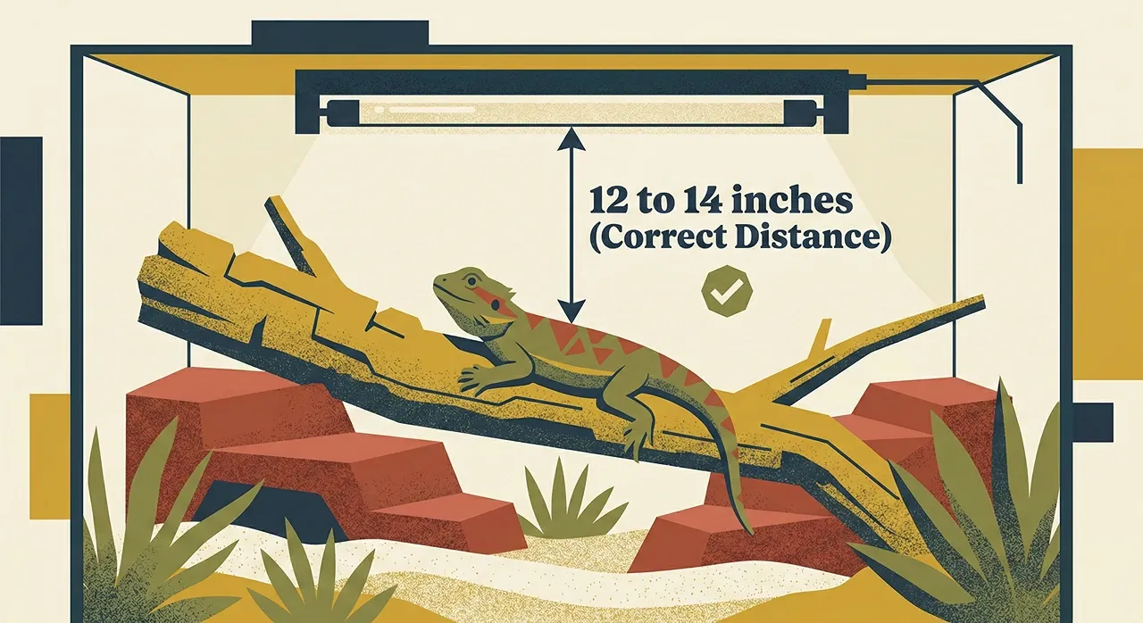Illustration showing a measurement arrow indicating a safe 12 to 14 inch distance from a baby bearded dragon's back directly up to a linear T5 UVB tube.