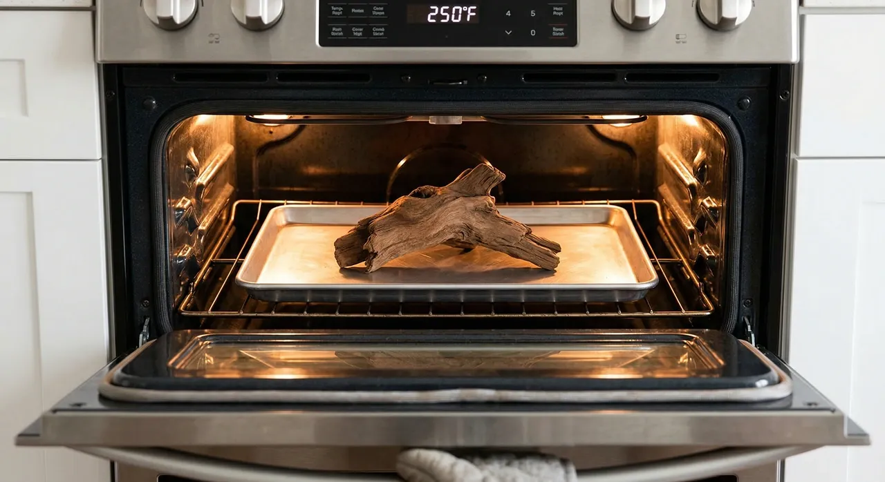 Driftwood on a baking tray inside an oven set to 250°F being sanitized for a reptile enclosure