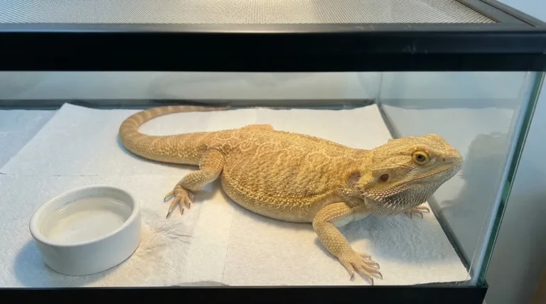 Adult bearded dragon filling most of the floor of a 40-gallon glass aquarium on paper towel substrate, showing how little space a full-grown dragon has in the standard starter tank.