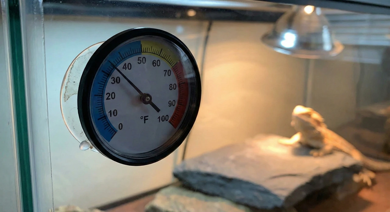 Close-up of a cheap, round analog thermometer stuck to the glass wall of a bearded dragon tank. The gauge reads a low temperature while a bearded dragon basks in the background, illustrating why these gauges are inaccurate.
