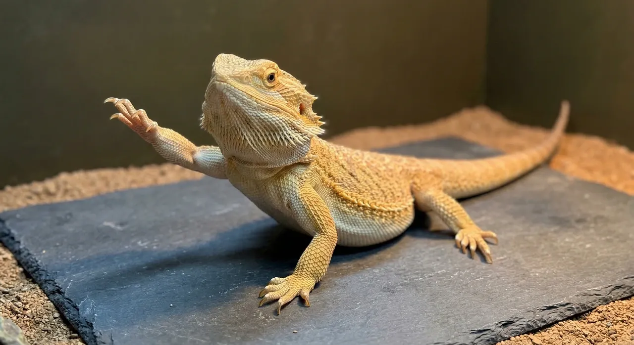 Bearded dragon body language: arm-waving gesture with one front leg raised on slate tile, beard pale, showing the calm submissive signal new owners commonly misread as a greeting.