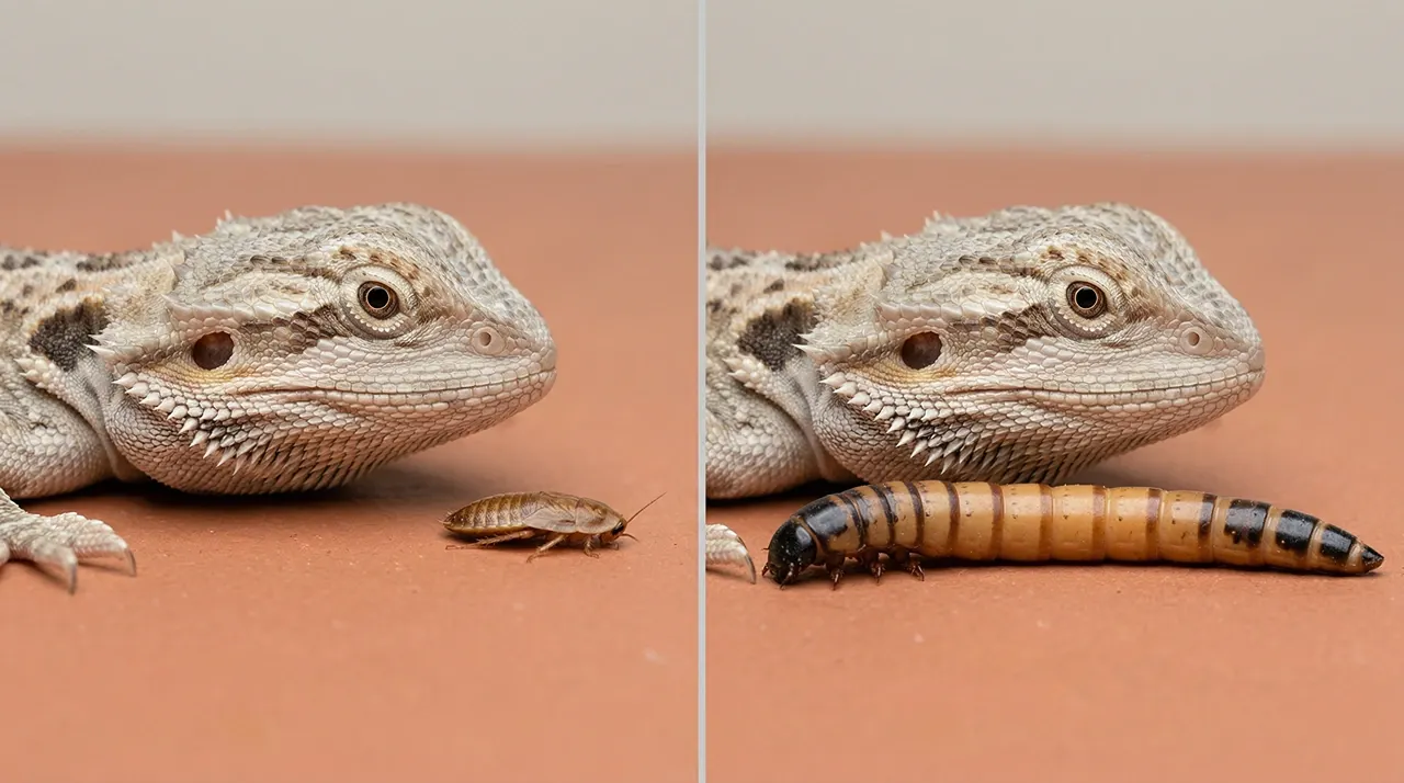 Baby bearded dragon next to an appropriately sized small dubia roach on the left, and an oversized superworm on the right for comparison.