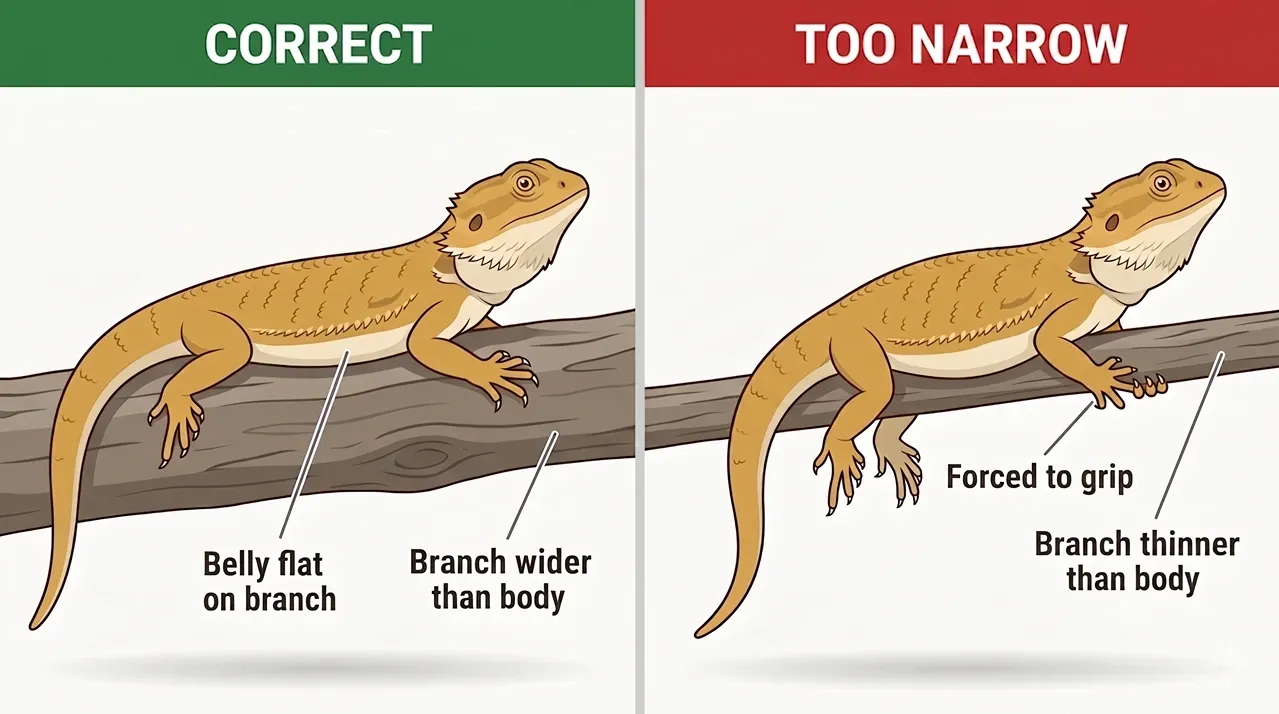 Two-panel illustration comparing a correctly wide basking branch where a dragon rests flat with a too-narrow branch that forces gripping.