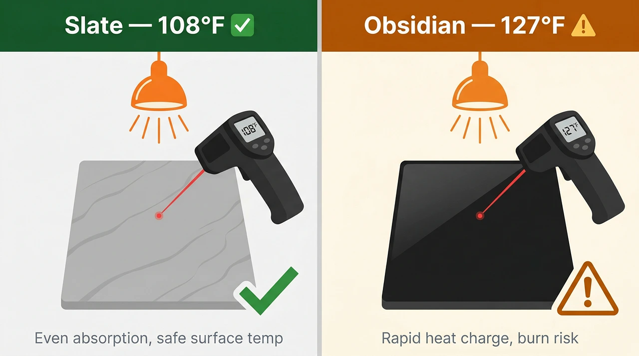 Two-panel diagram comparing basking surface temperature of pale slate at 108°F versus dark obsidian at 127°F under the same basking lamp.