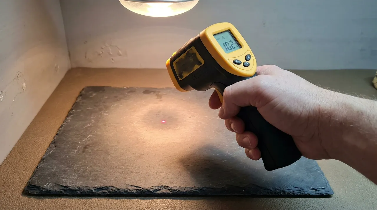 Hand aiming an infrared temperature gun at a slate basking tile inside a bearded dragon enclosure