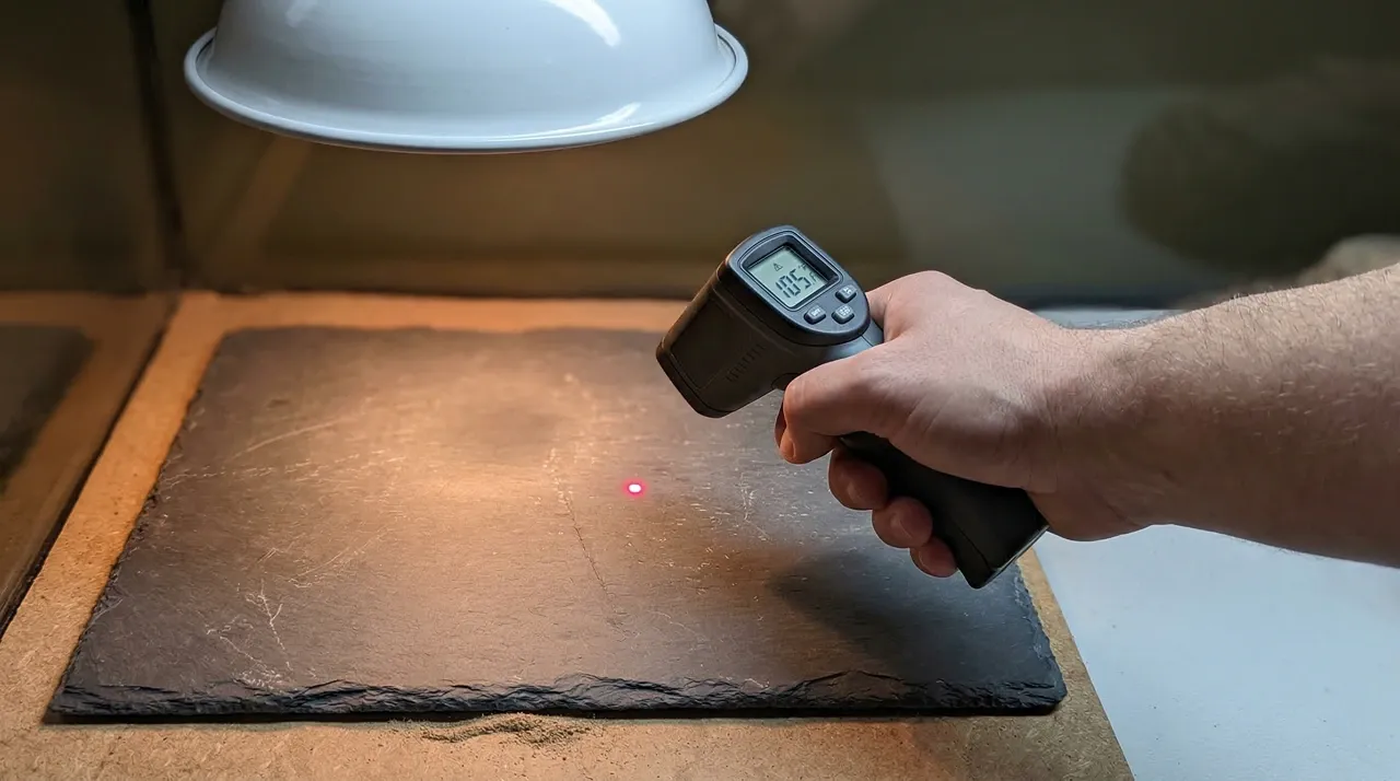 Infrared temperature gun pointed at a bearded dragon basking tile, laser dot visible on the slate, display reading 105°F.