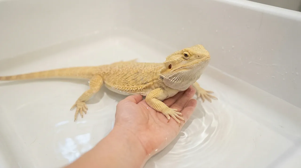 Adult bearded dragon in shallow bath water with chest supported by keeper's flat palm