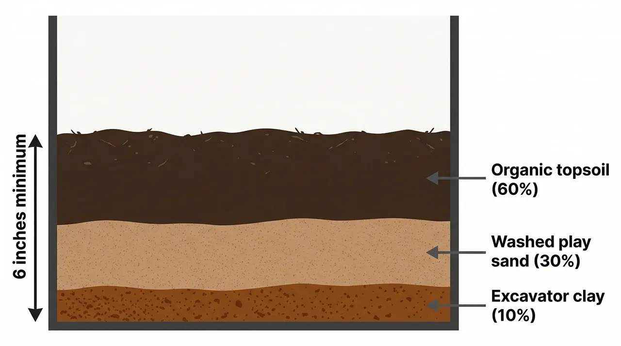 Cross-section diagram of a bearded dragon bioactive enclosure showing three substrate layers: 60% organic topsoil, 30% washed play sand, and 10% excavator clay at a minimum depth of 6 inches.
