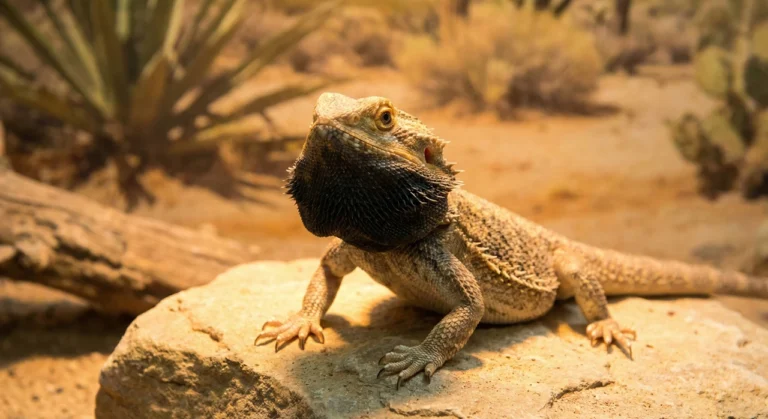 Close-up of a male bearded dragon with a jet-black beard and puffed throat sitting on a basking rock, signaling dominance during mating season.