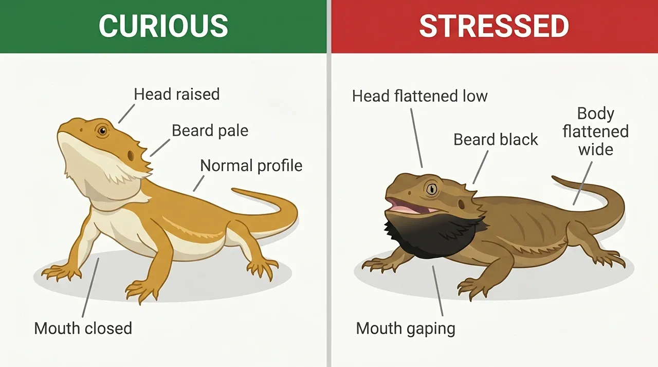 Two-panel illustration comparing a relaxed curious bearded dragon with a stressed dragon showing black beard and flattened body.
