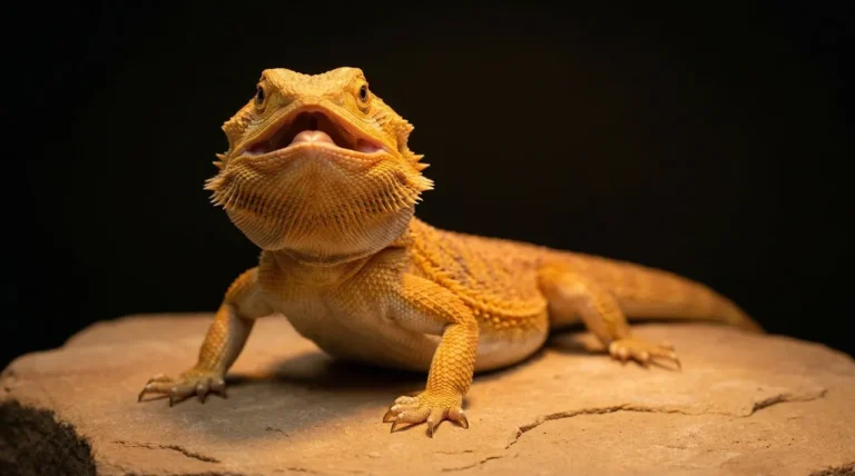 Adult bearded dragon on a sandstone rock facing the camera with mouth open in a thermal gape and head raised, showing the alert healthy posture new owners commonly mistake for aggression or illness.