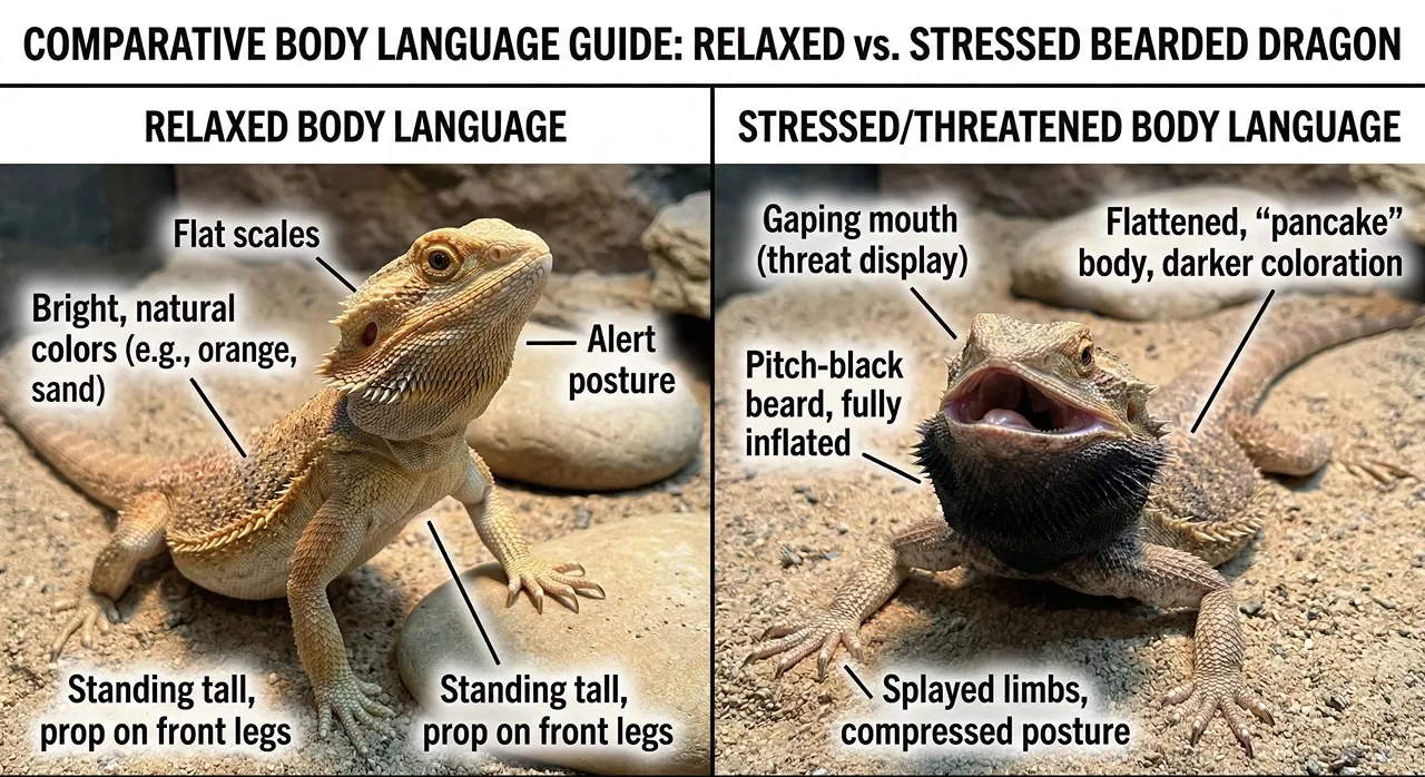 Side-by-side comparison showing a relaxed bearded dragon with bright colors standing tall, next to a highly stressed bearded dragon with a flattened body, gaping mouth, and a pitch-black beard.
