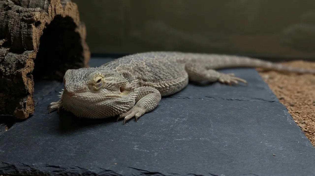 Adult bearded dragon in brumation posture on slate, chin down and eyes half-closed, resting outside a cork bark hide in a dim enclosure