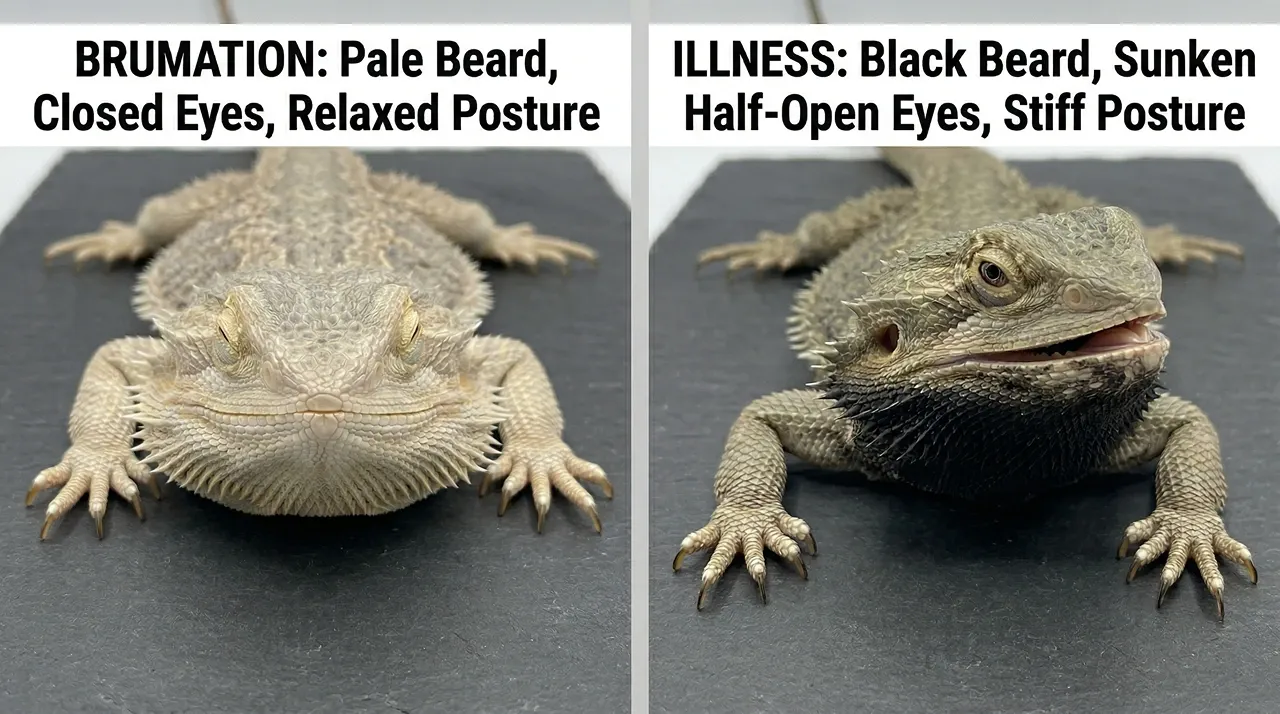 Brumating bearded dragon with pale beard and closed eyes on left, sick dragon with black beard and rigid posture on right
