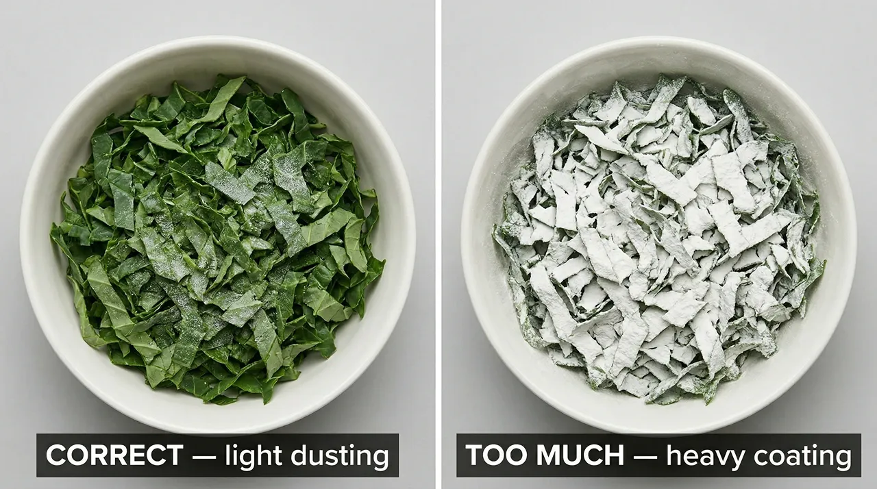 Two bowls side by side showing correct light calcium dusting on bearded dragon greens left and heavy over-dusting right