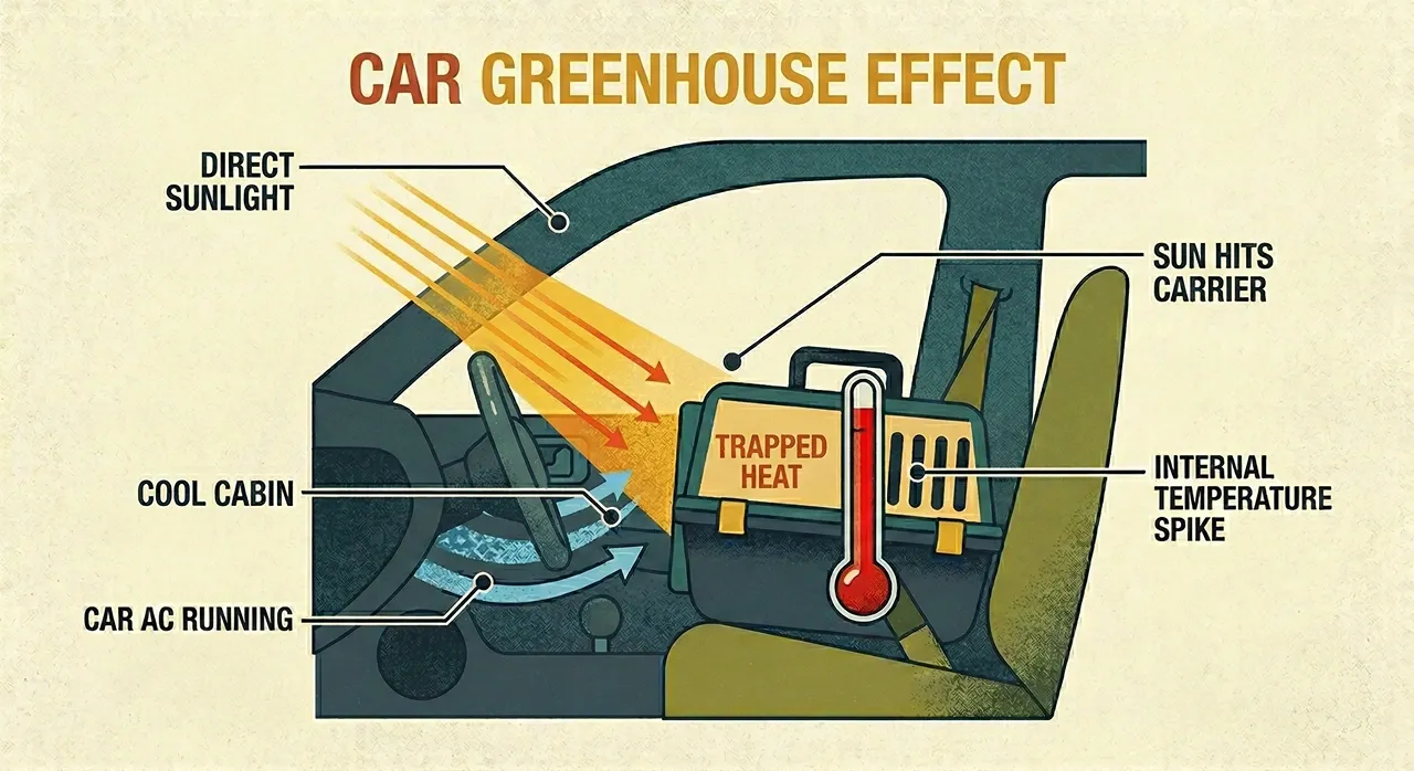 An infographic showing how direct sunlight through a car window creates a greenhouse effect, rapidly trapping heat inside a plastic pet carrier even when the car air conditioning is running.