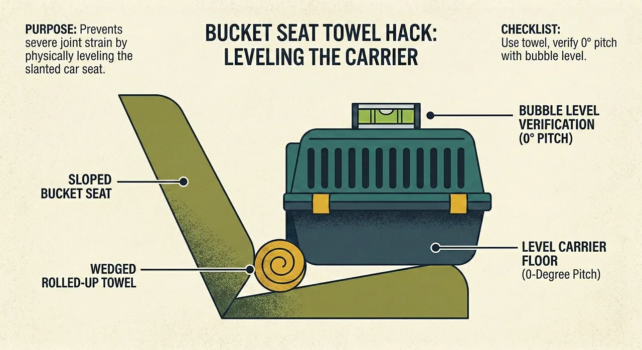 A side-profile diagram showing a rolled-up towel wedged under the front of a hard plastic pet carrier to keep it perfectly level on a slanted car bucket seat.