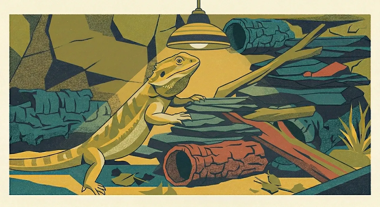 Stylized illustration of a bearded dragon actively climbing a secure, tiered stack of slate rocks and wooden branches under a basking lamp.