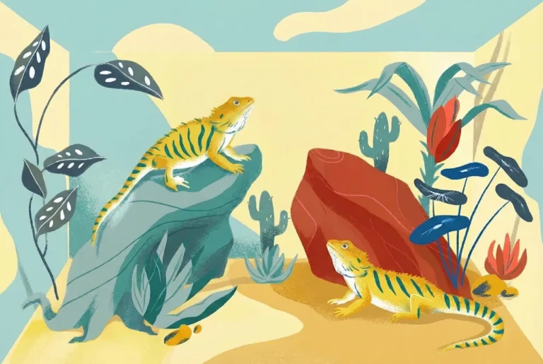 Stylized illustration of two bearded dragons housed together inside a single terrarium with rocks and plants.