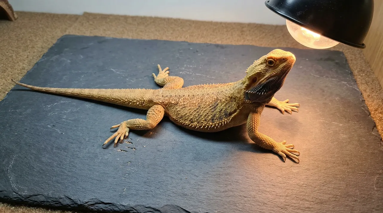 Bearded dragon lying flat with limbs spread wide on slate, head raised toward the basking lamp with a darkened beard