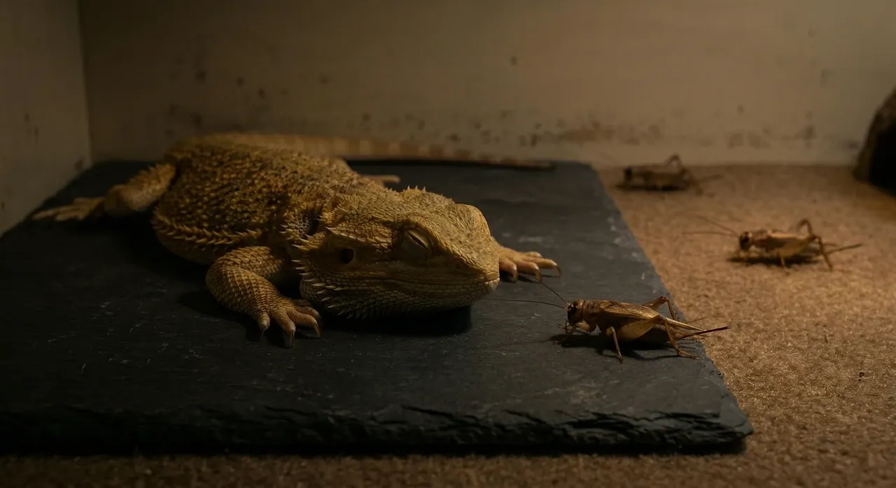 Sleeping bearded dragon on slate at night with uneaten crickets in the enclosure, one cricket approaching the dragon's face