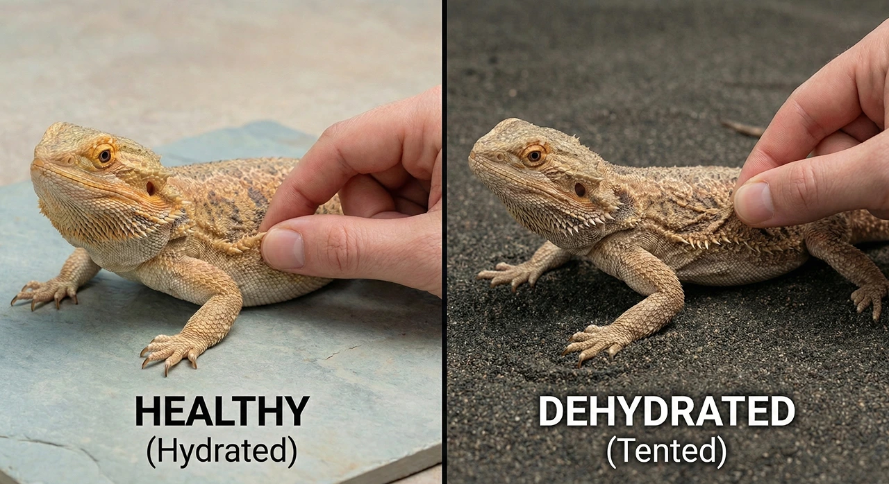 Side-by-side comparison of a healthy elastic skin pinch versus a dehydrated tented skin pinch on a bearded dragon.