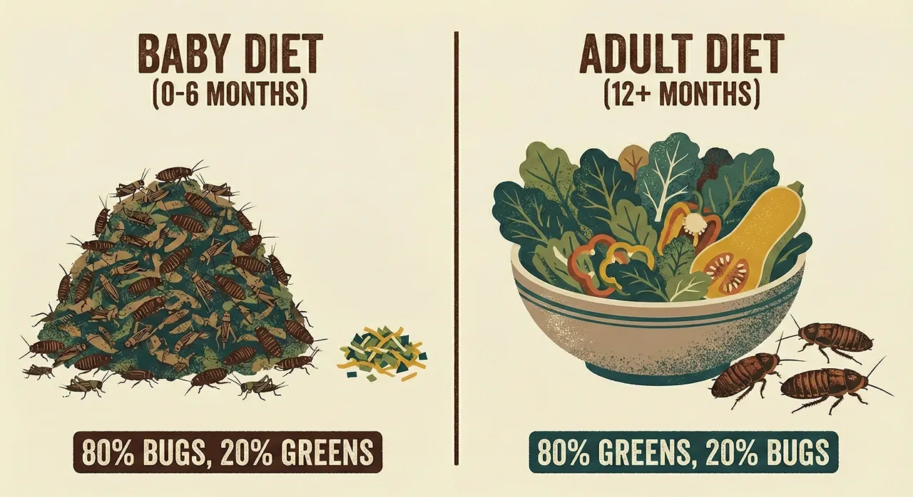 Illustration comparing a baby bearded dragon's daily diet of 80% bugs and 20% greens to an adult's diet of 80% greens and 20% bugs.