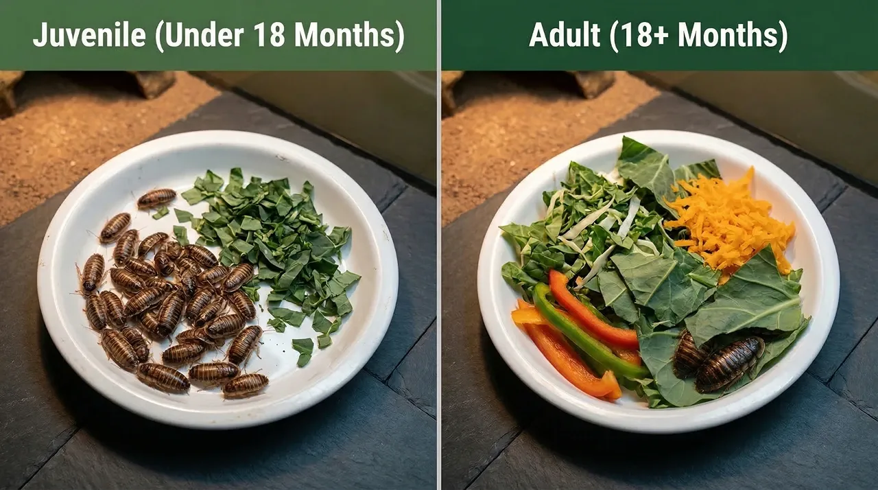 Juvenile bearded dragon bowl heavy with dubia roaches beside an adult bowl dominated by fresh greens and bell peppers