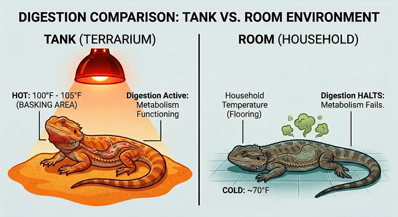 Split-screen diagram showing a bearded dragon actively digesting food under a hot basking lamp in its tank, compared to a cold bearded dragon on a household tile floor where its metabolism fails and digestion halts.