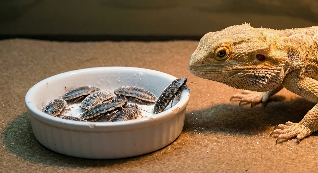 Bearded dragon approaching a dish of lightly calcium-dusted adult dubia roaches showing correct powder coating level