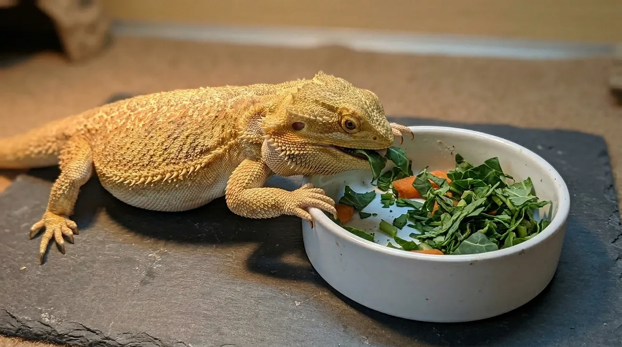 Adult bearded dragon eating chopped greens and carrot from a ceramic bowl on a dark slate surface
