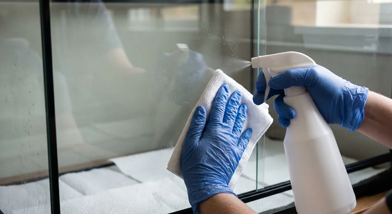 Blue-gloved hands spraying disinfectant and wiping the glass wall of a stripped bearded dragon enclosure during yellow fungus decontamination.