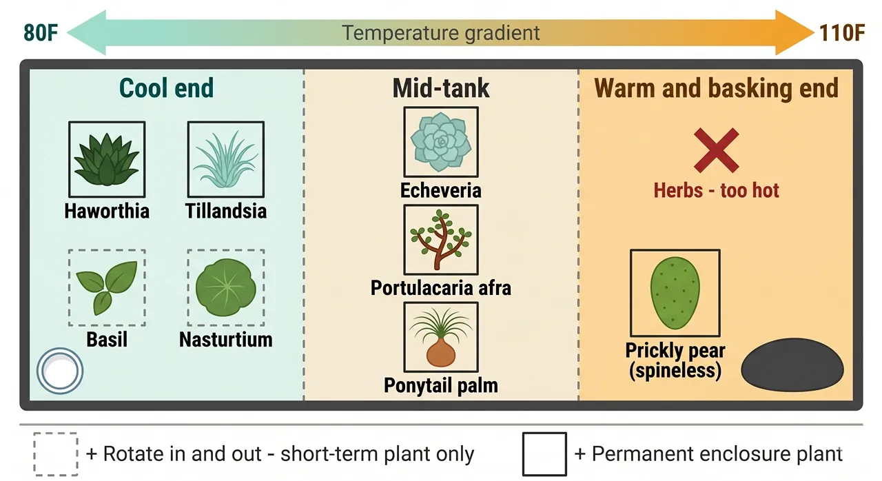 Bearded dragon enclosure zone diagram showing cool, mid-tank, and warm areas with safe plant species labeled