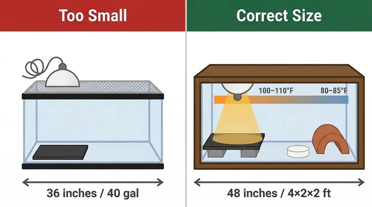 Illustration comparing a 40-gallon aquarium at 36 inches and a 4x2x2ft vivarium at 48 inches for a bearded dragon.