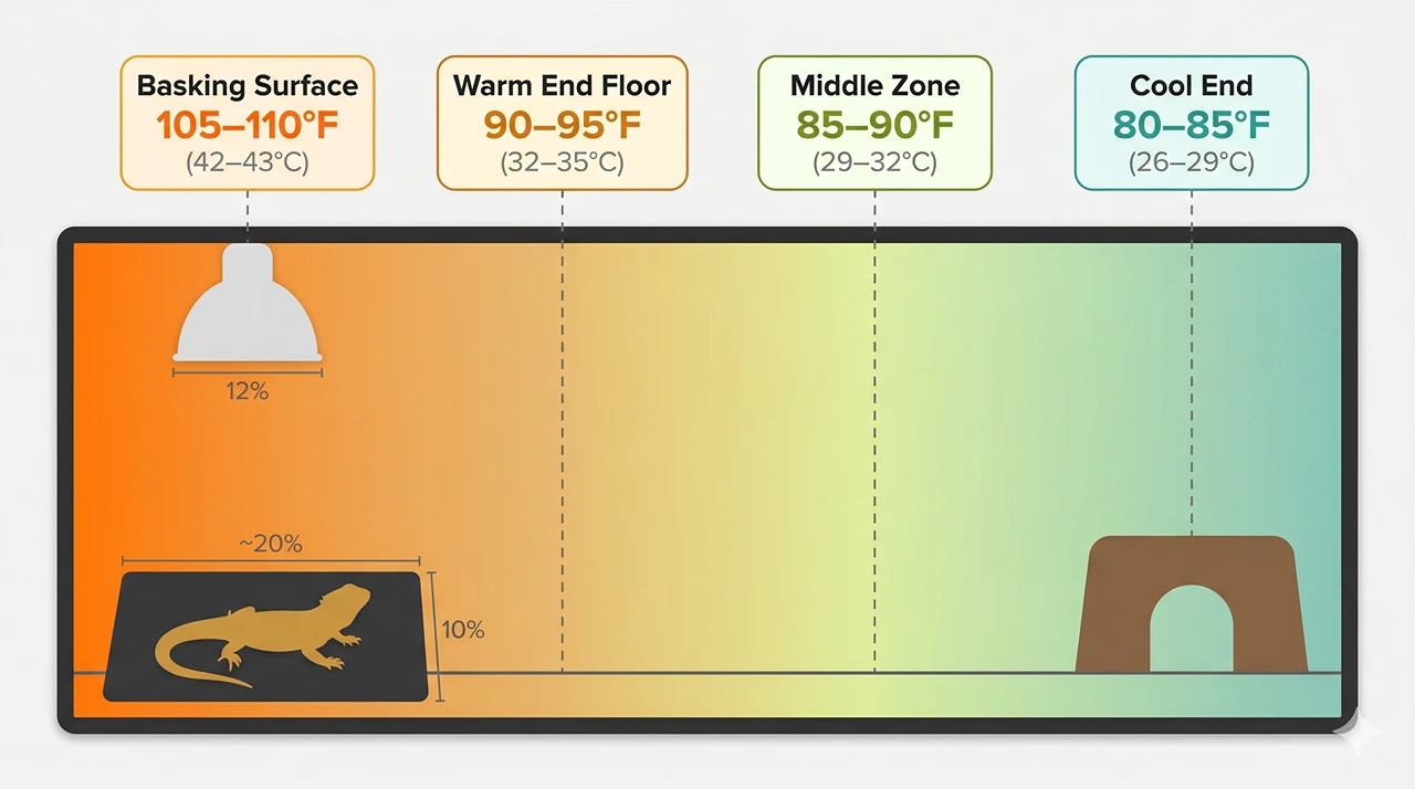 Bearded dragon enclosure diagram showing four temperature zones from 105°F basking surface to 80°F cool end