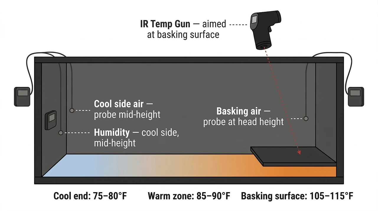 Bearded dragon enclosure diagram showing IR gun, probe thermometer, and hygrometer placement with thermal gradient zones