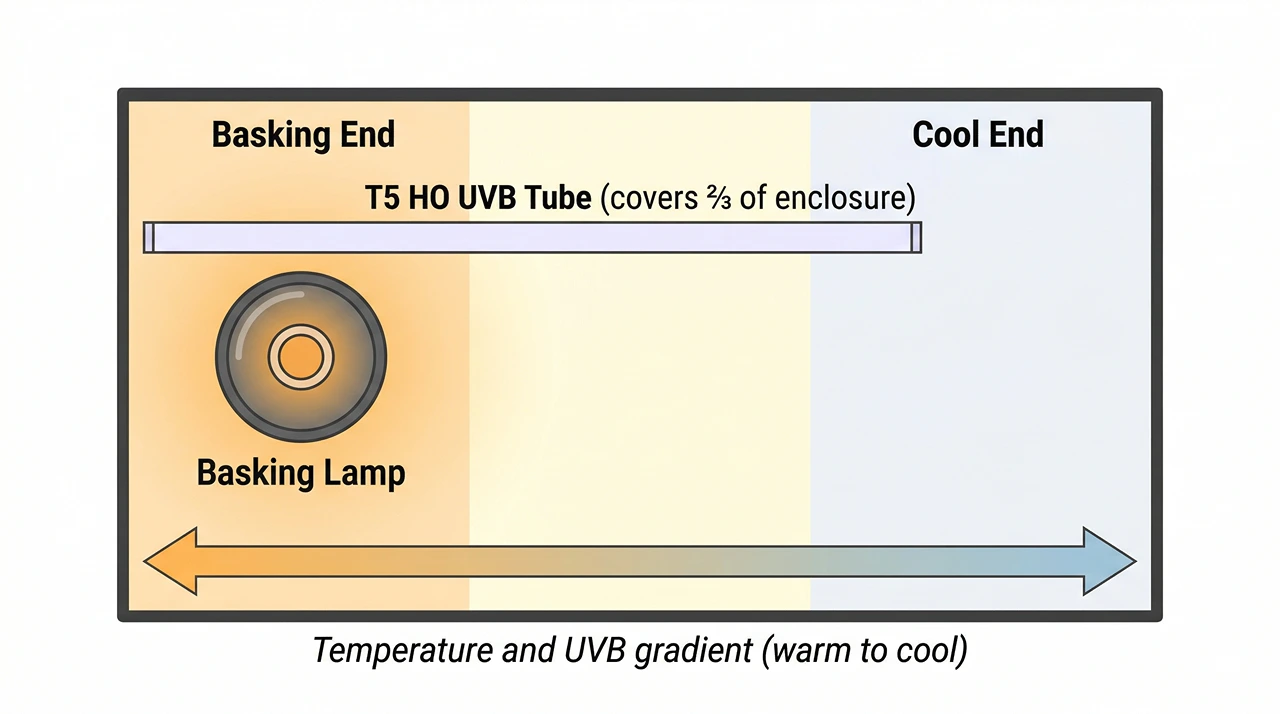Top-down enclosure diagram showing T5 HO tube covering two-thirds from the basking end, basking lamp on the same side.