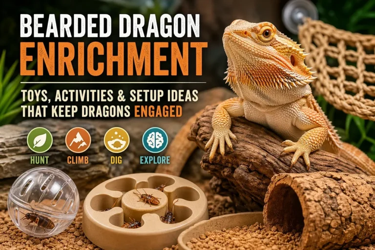 Alert bearded dragon on a climbing branch surrounded by enrichment items including a puzzle feeder, slotted treat ball, and cork bark tunnel.