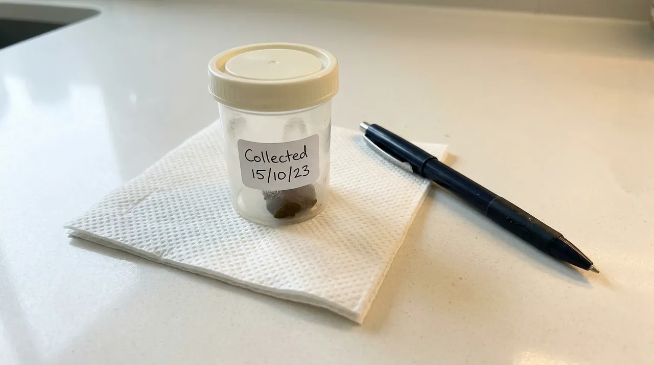 Sealed plastic container with bearded dragon fecal sample labelled with collection date, beside a pen on kitchen counter